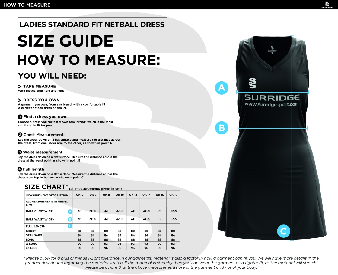 NETBALL DRESS RACER BACK - FAST TRACK - Size Guide