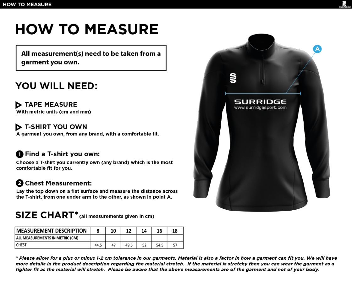 ELITE 1/4 ZIP PERFORMANCE TOP - Size Guide
