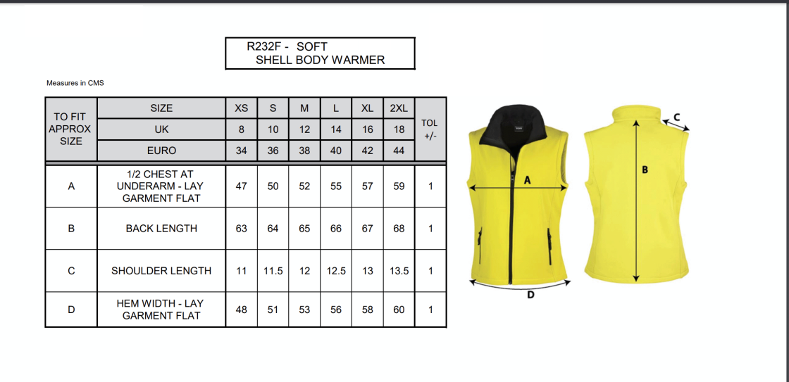 Core Printable Softshell Gilet - Navy - Women's Fit - Size Guide