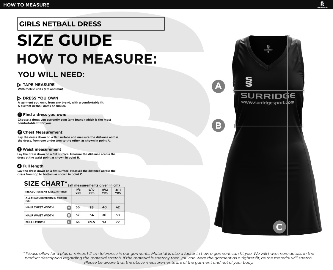 NETBALL DRESS STANDARD BACK - JUNIOR - Size Guide