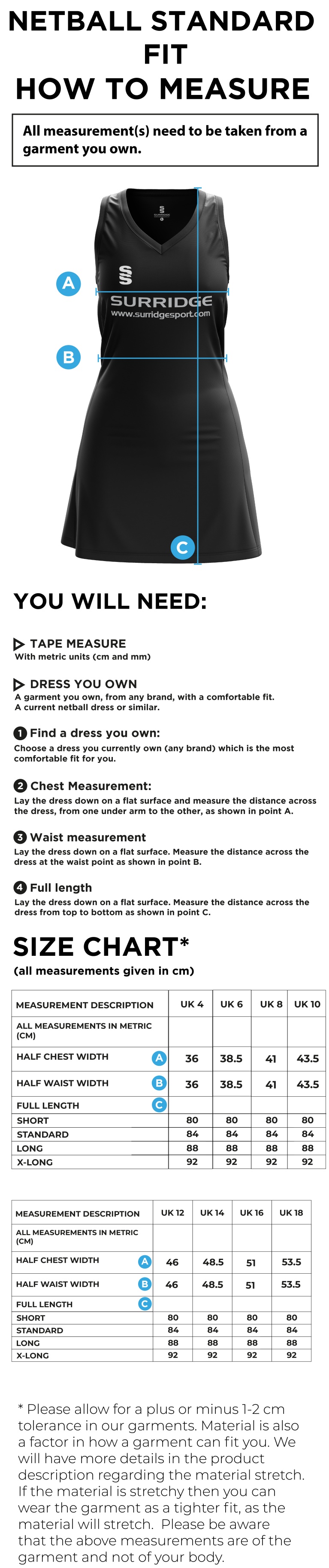 NETBALL DRESS STANDARD BACK - FAST TRACK - Size Guide